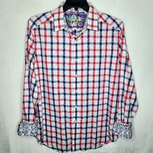 Robert Grahm Checkered Paisley Print Flip Cuff Button Down Shirt Size Large